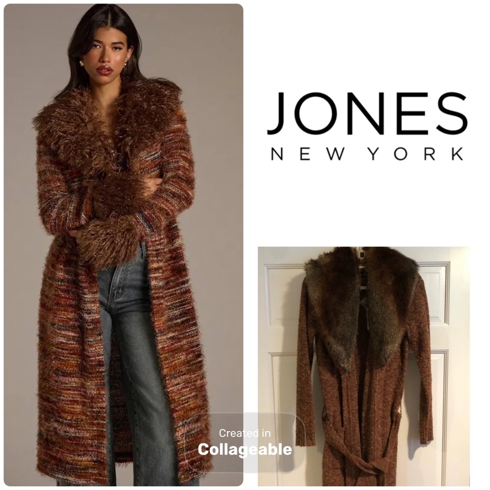 ‼️WOW‼️Jones New York Signature Brown belted cardigan with Faux Fur Collar‼️
